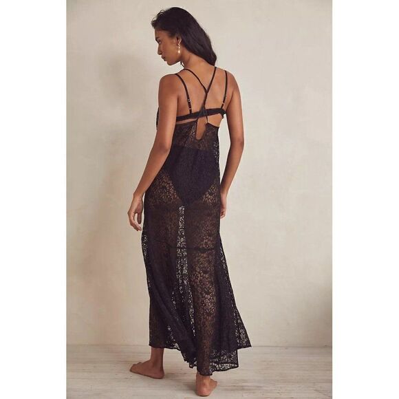 NWT FREE PEOPLE Sz S SUNDOWN MAXI SLIP SHEER LACE DRESS IN BLACK - Picture 2 of 3